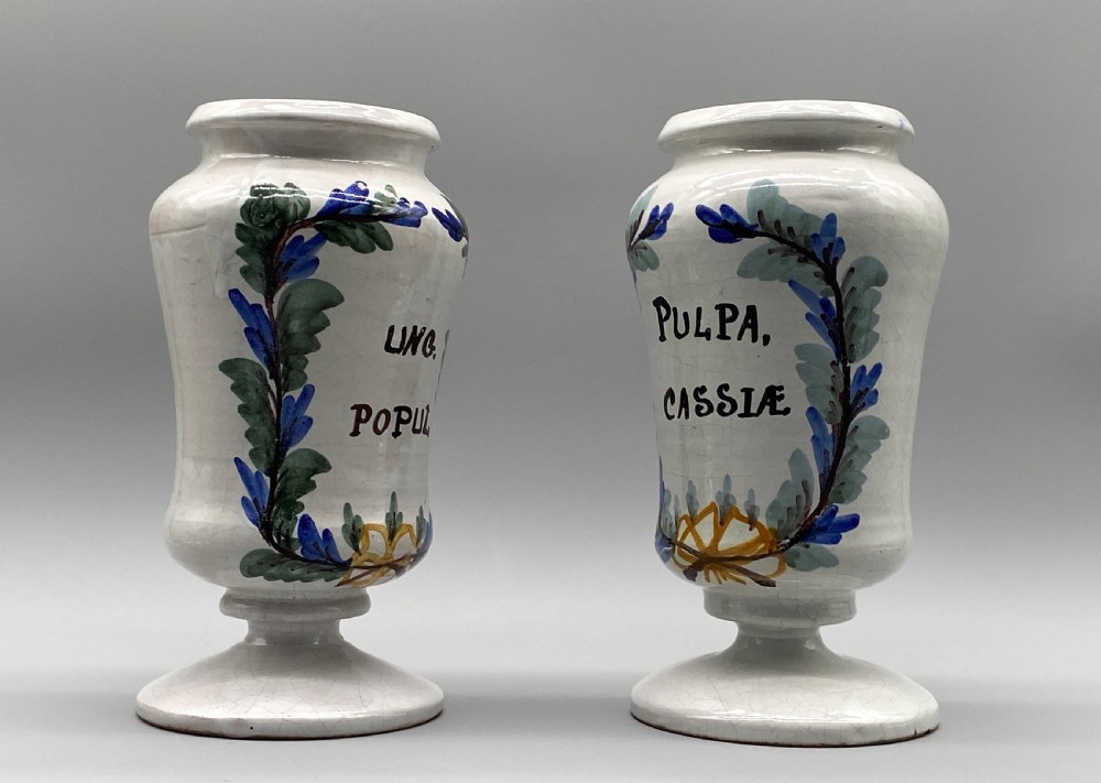 A pair of white tin-glazed ceramic albarello apothecary jars featuring hand-painted green foliage wreaths and Latin script on pedestal bases. View V