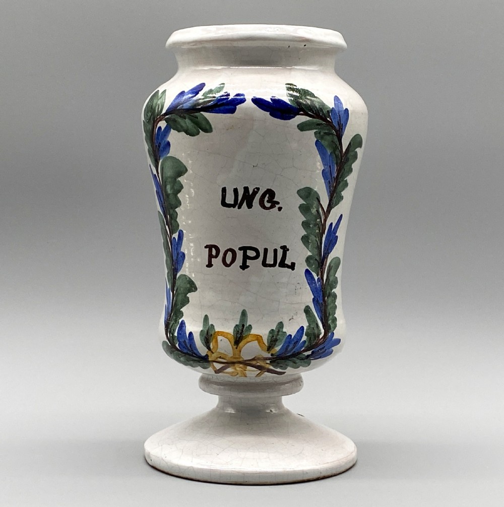 A pair of white tin-glazed ceramic albarello apothecary jars featuring hand-painted green foliage wreaths and Latin script on pedestal bases. View XI