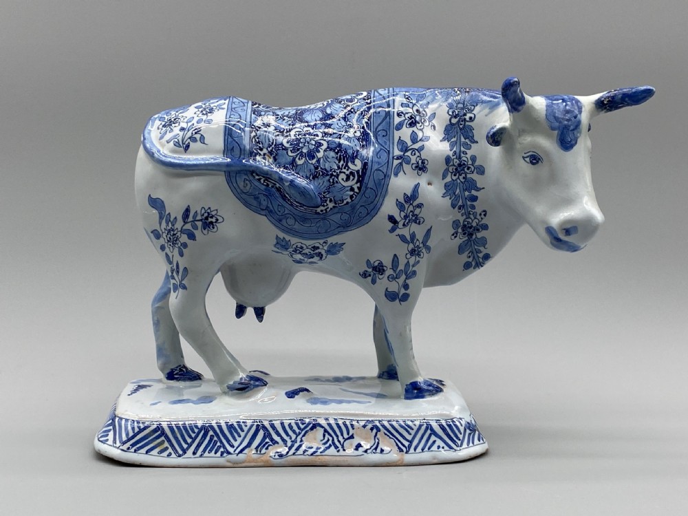 Circa 1900 Dutch Delft Blue & White Chinoiserie Faience Cow 