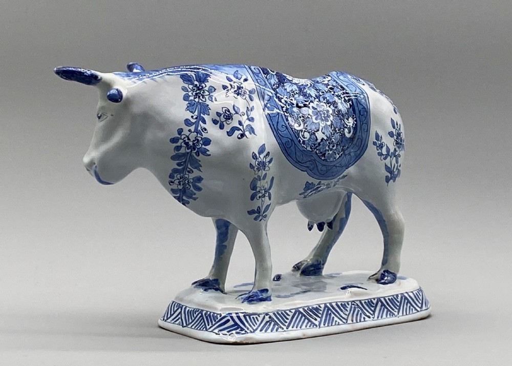 Circa 1900 Dutch Delft Blue & White Chinoiserie Faience Cow  View V