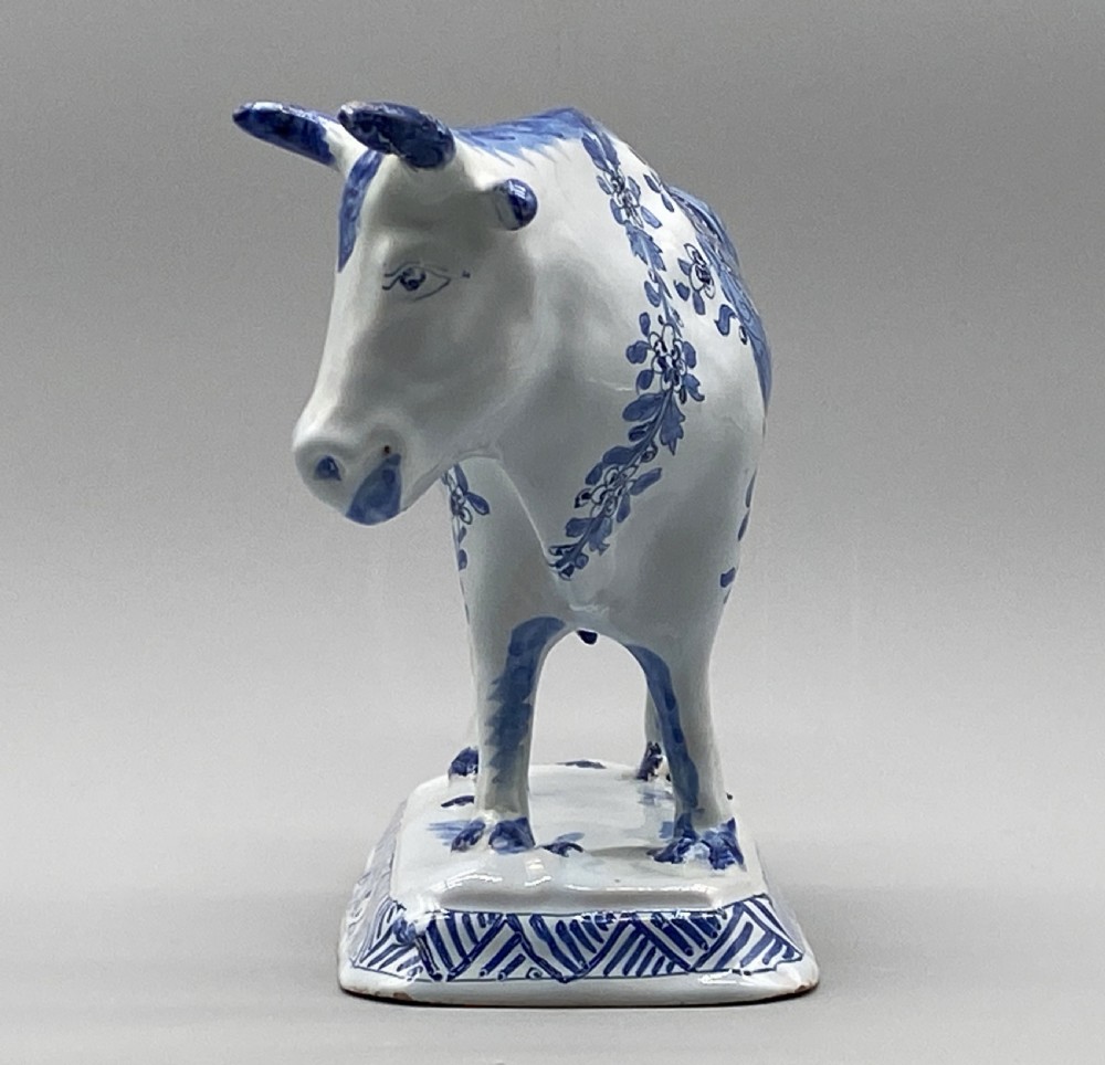 Circa 1900 Dutch Delft Blue & White Chinoiserie Faience Cow  View VI