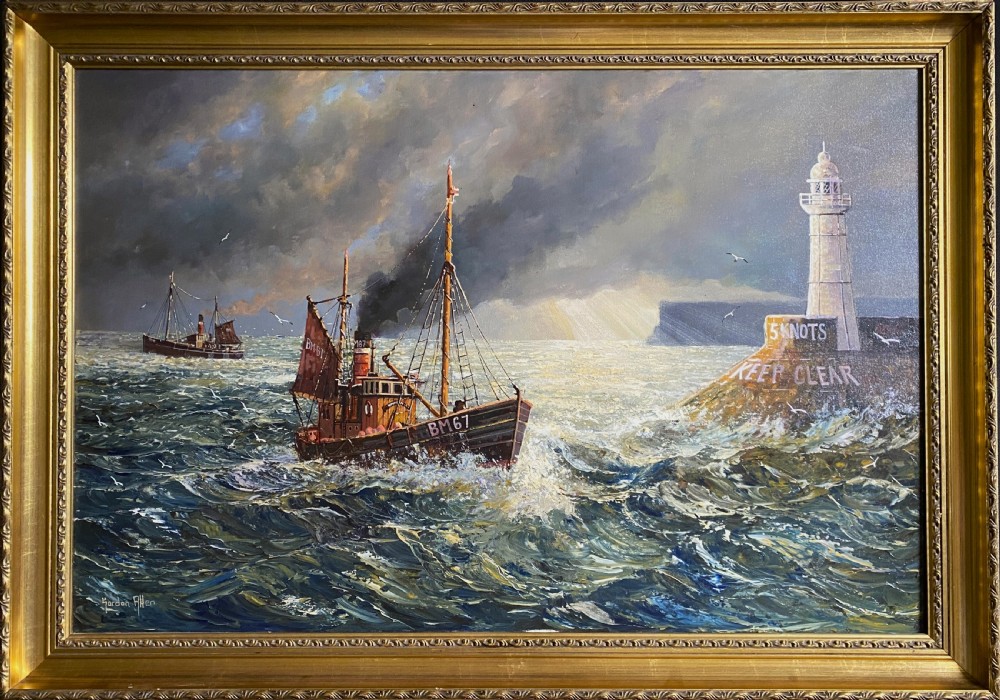 A framed oil painting depicting fishing trawlers navigating choppy sea waters near a lighthouse breakwater under a stormy sky.