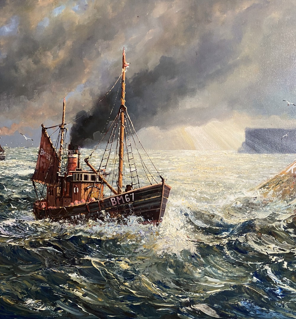 A framed oil painting depicting fishing trawlers navigating choppy sea waters near a lighthouse breakwater under a stormy sky. View VI
