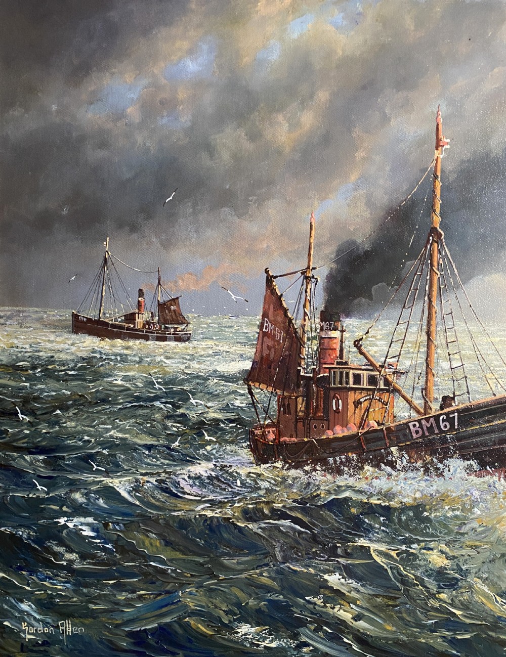 A framed oil painting depicting fishing trawlers navigating choppy sea waters near a lighthouse breakwater under a stormy sky. View VII