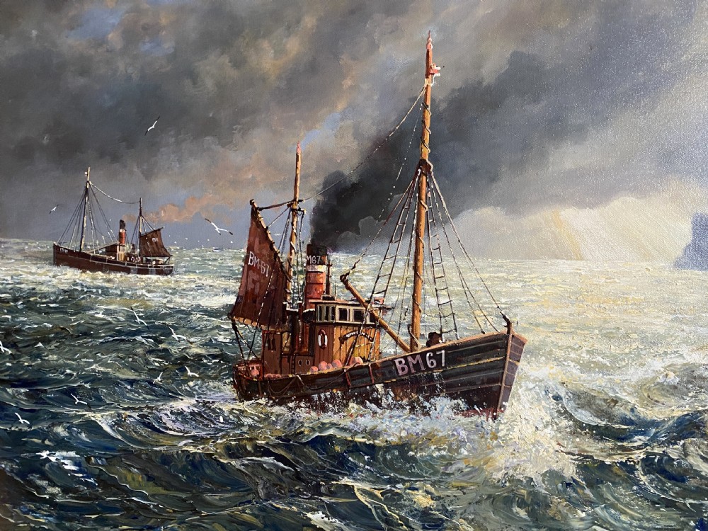 A framed oil painting depicting fishing trawlers navigating choppy sea waters near a lighthouse breakwater under a stormy sky. View VIII