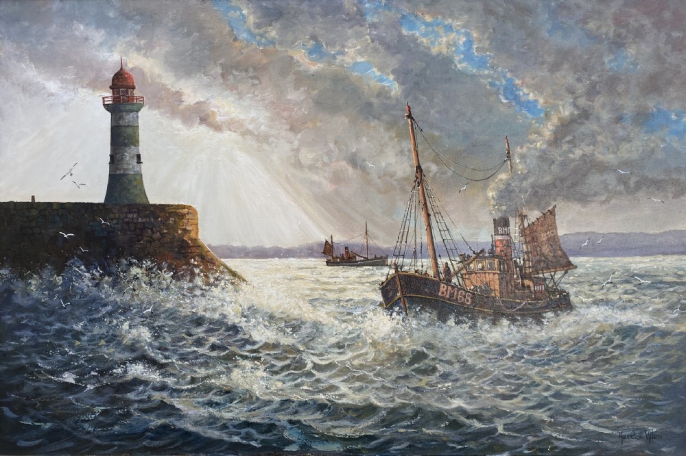 A framed oil painting depicting a fishing trawler navigating choppy waves near a stone harbour lighthouse under a cloud-filled sky. View II