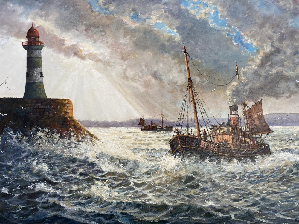 A framed oil painting depicting a fishing trawler navigating choppy waves near a stone harbour lighthouse under a cloud-filled sky. View III