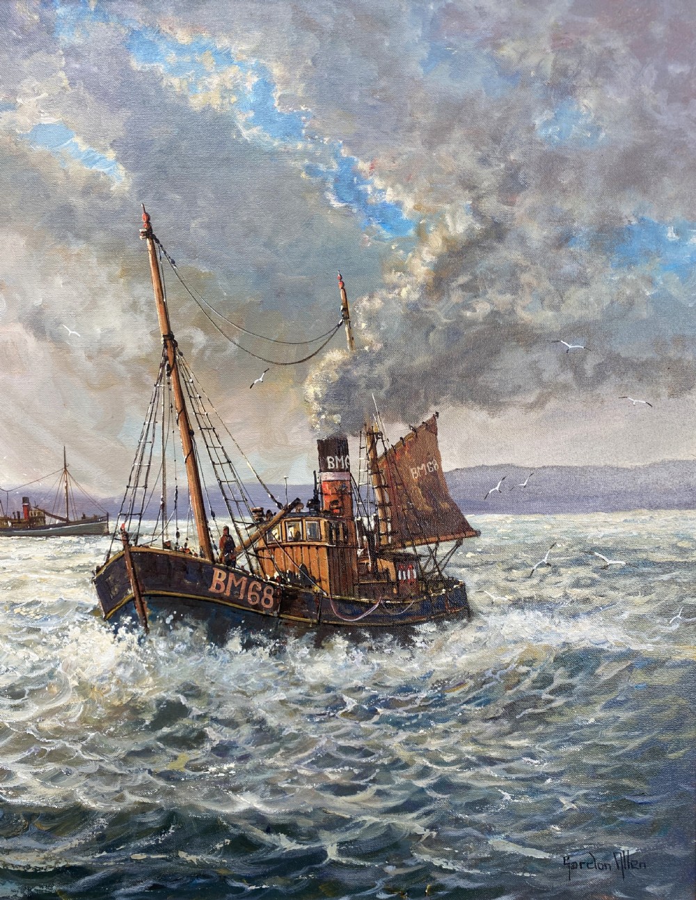 A framed oil painting depicting a fishing trawler navigating choppy waves near a stone harbour lighthouse under a cloud-filled sky. View IV