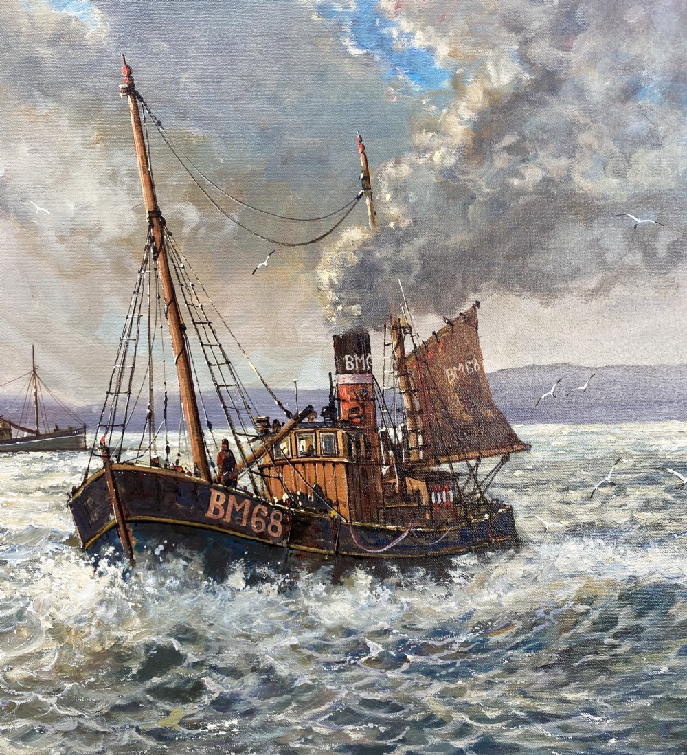 A framed oil painting depicting a fishing trawler navigating choppy waves near a stone harbour lighthouse under a cloud-filled sky. View V