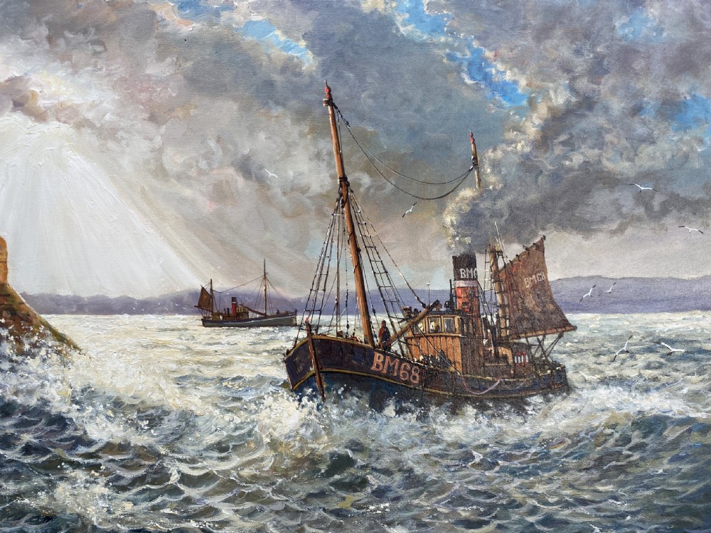 A framed oil painting depicting a fishing trawler navigating choppy waves near a stone harbour lighthouse under a cloud-filled sky. View VII