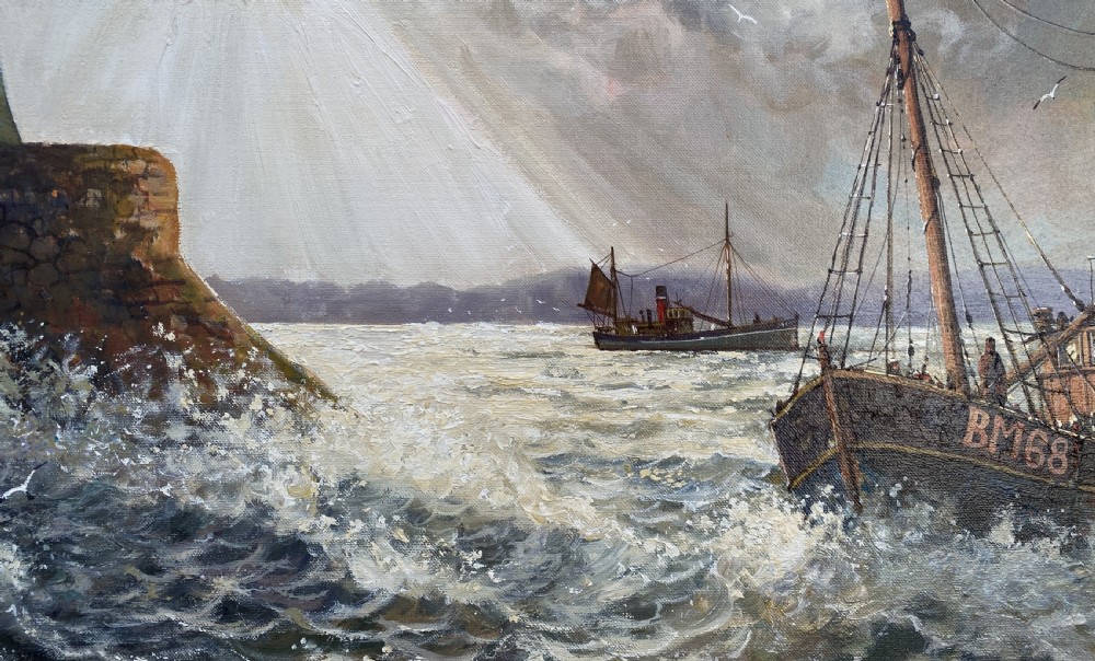 A framed oil painting depicting a fishing trawler navigating choppy waves near a stone harbour lighthouse under a cloud-filled sky. View VIII