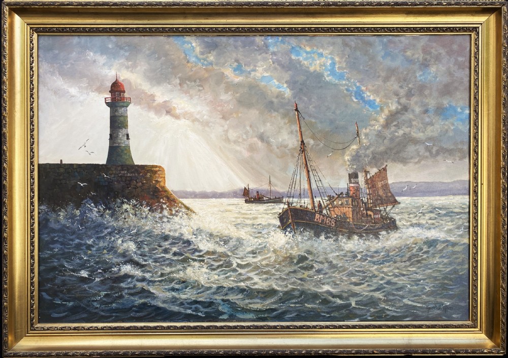 A framed oil painting depicting a fishing trawler navigating choppy waves near a stone harbour lighthouse under a cloud-filled sky. View XI