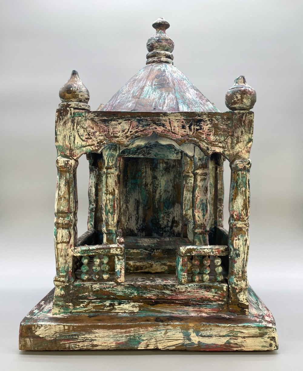 Early 20thC Polychrome Carved Hardwood Tabletop Meditation Buddhist Temple