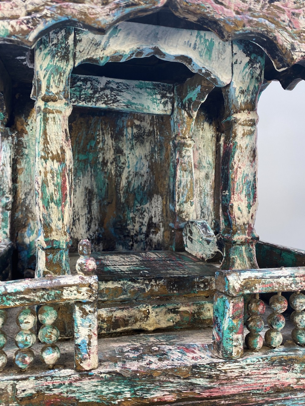 Early 20thC Polychrome Carved Hardwood Tabletop Meditation Buddhist Temple View X