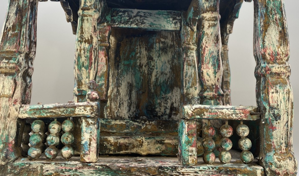 Early 20thC Polychrome Carved Hardwood Tabletop Meditation Buddhist Temple View XIII