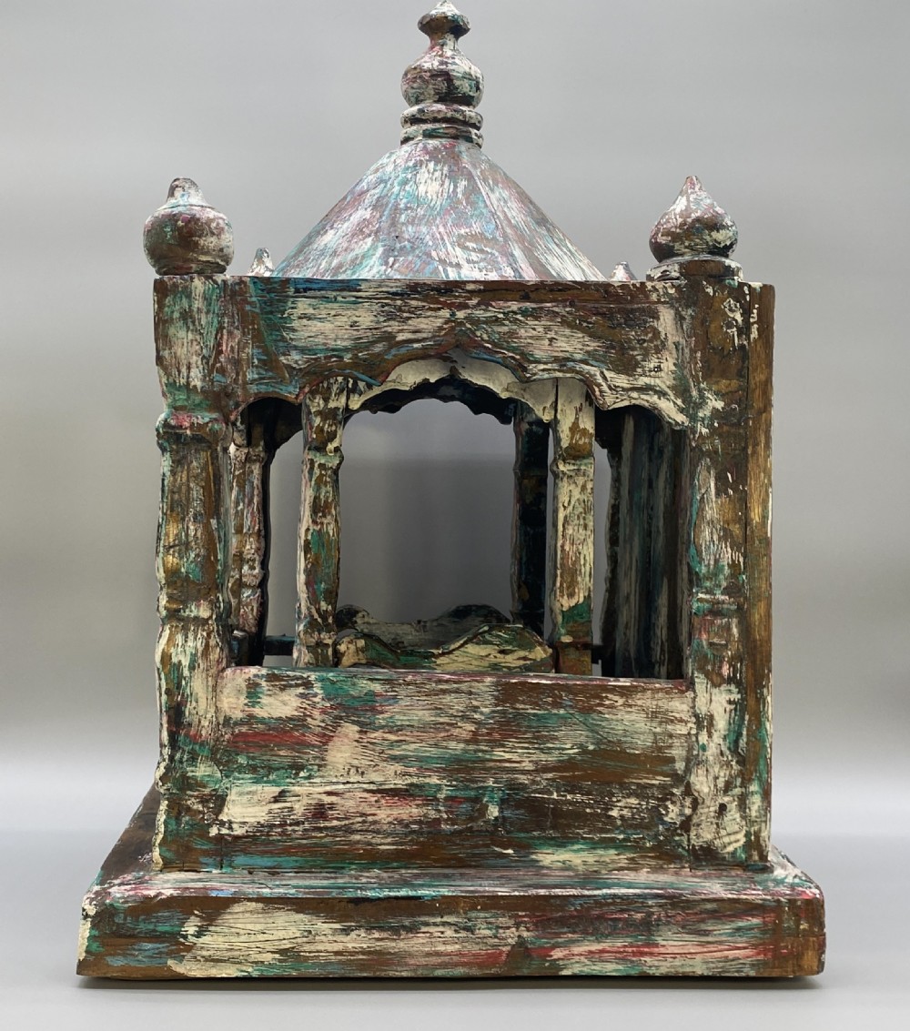 Early 20thC Polychrome Carved Hardwood Tabletop Meditation Buddhist Temple View XIV
