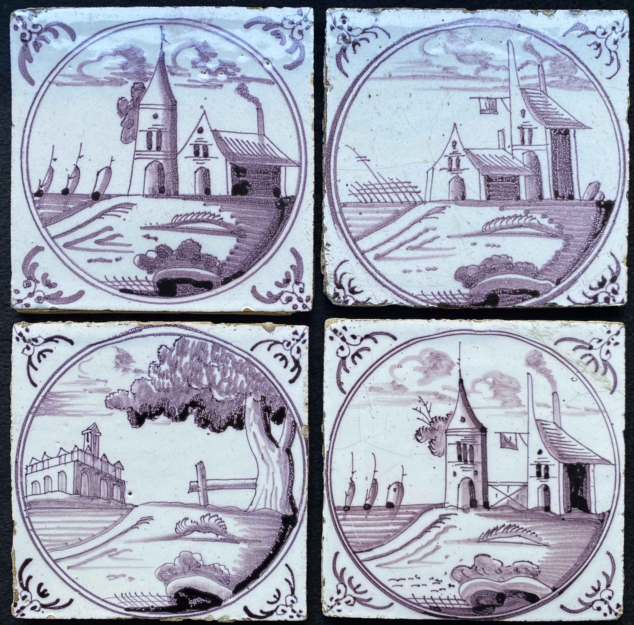 Circa 1770 Set 4 Purple (Manganese) Dutch Delft Tiles with Landscapes