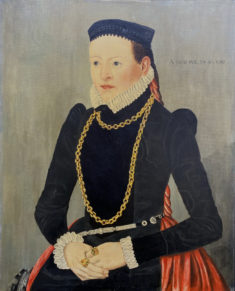 Primitive 16th-Century Style Female Oil on Canvas Portrait Painting circa 1960
