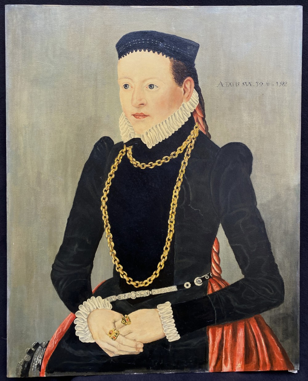 Primitive 16th-Century Style Female Oil on Canvas Portrait Painting circa 1960 View II