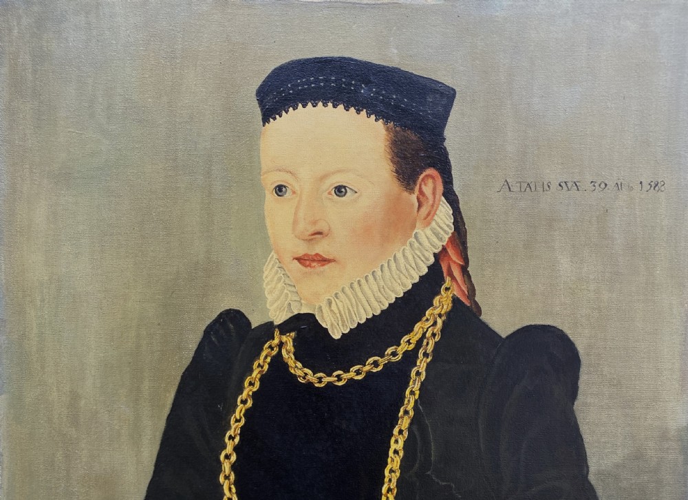 Primitive 16th-Century Style Female Oil on Canvas Portrait Painting circa 1960 View III