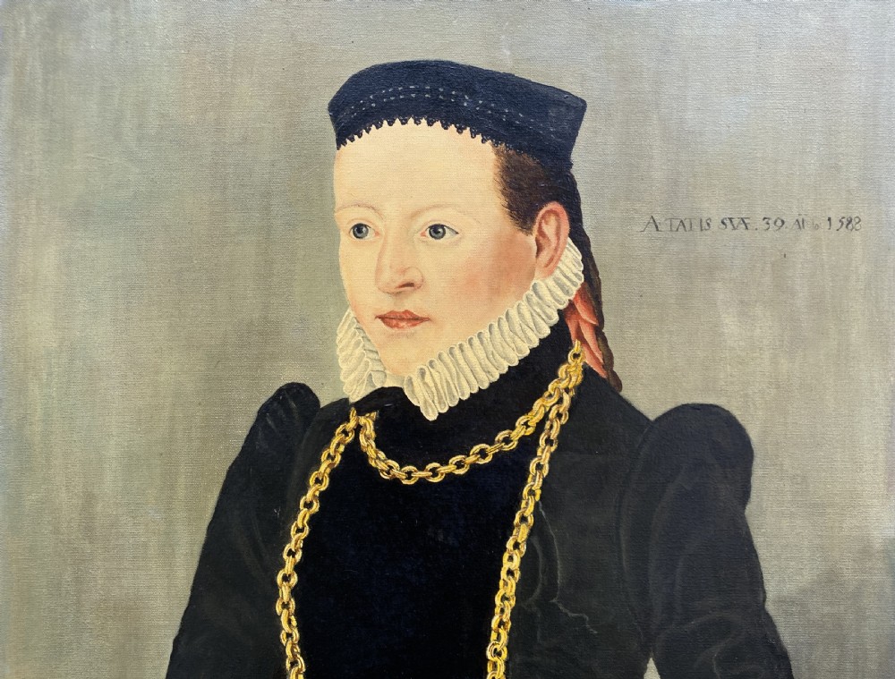 Primitive 16th-Century Style Female Oil on Canvas Portrait Painting circa 1960 View IV