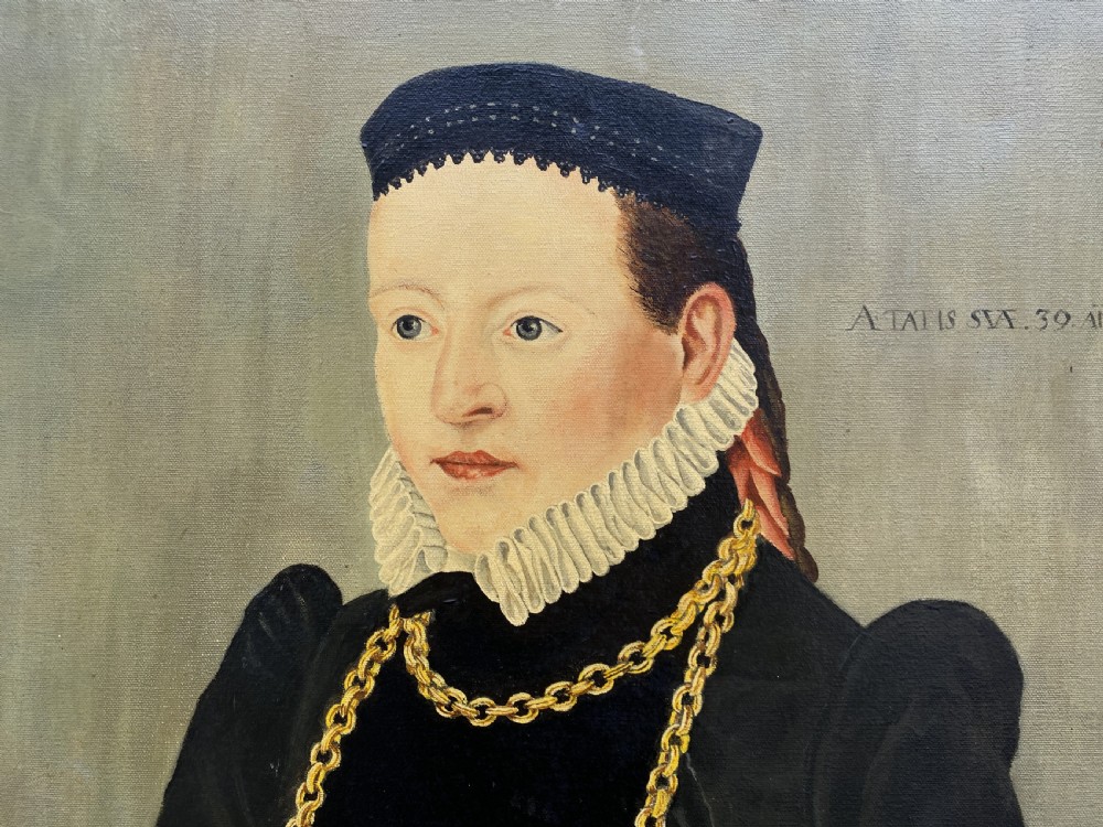 Primitive 16th-Century Style Female Oil on Canvas Portrait Painting circa 1960 View V