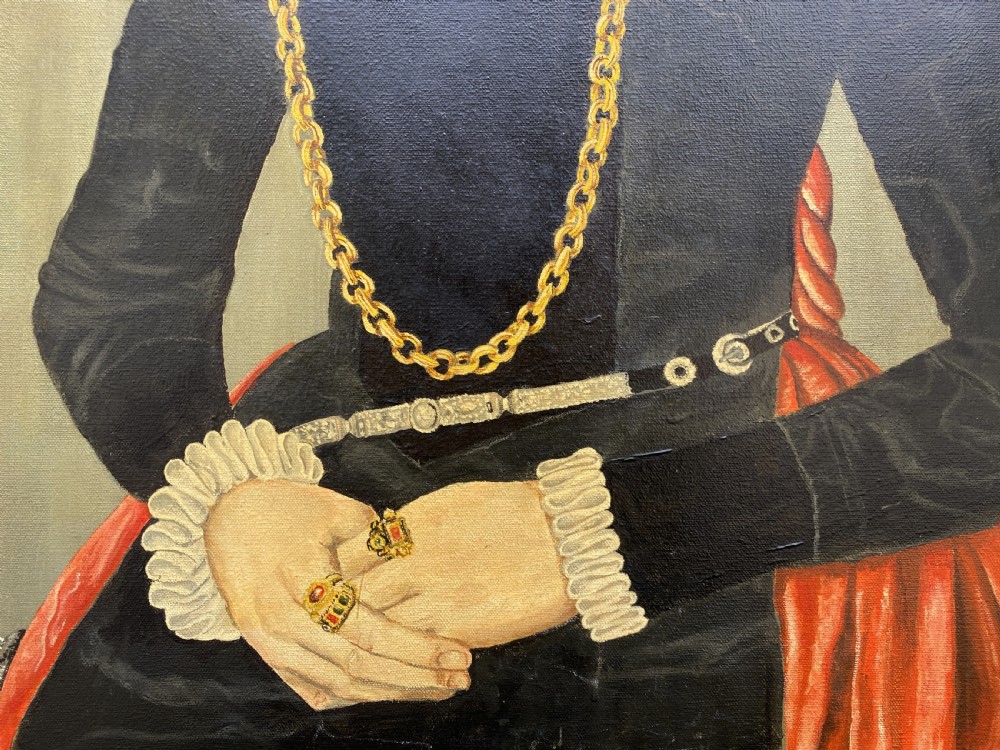 Primitive 16th-Century Style Female Oil on Canvas Portrait Painting circa 1960 View VIII