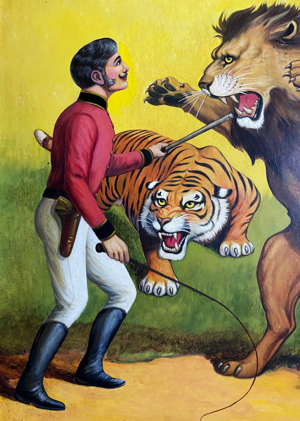 A framed mid-twentieth-century oil painting depicting a lion tamer confronting a roaring lion and a tiger against a yellow background with bold red circus lettering. View VI