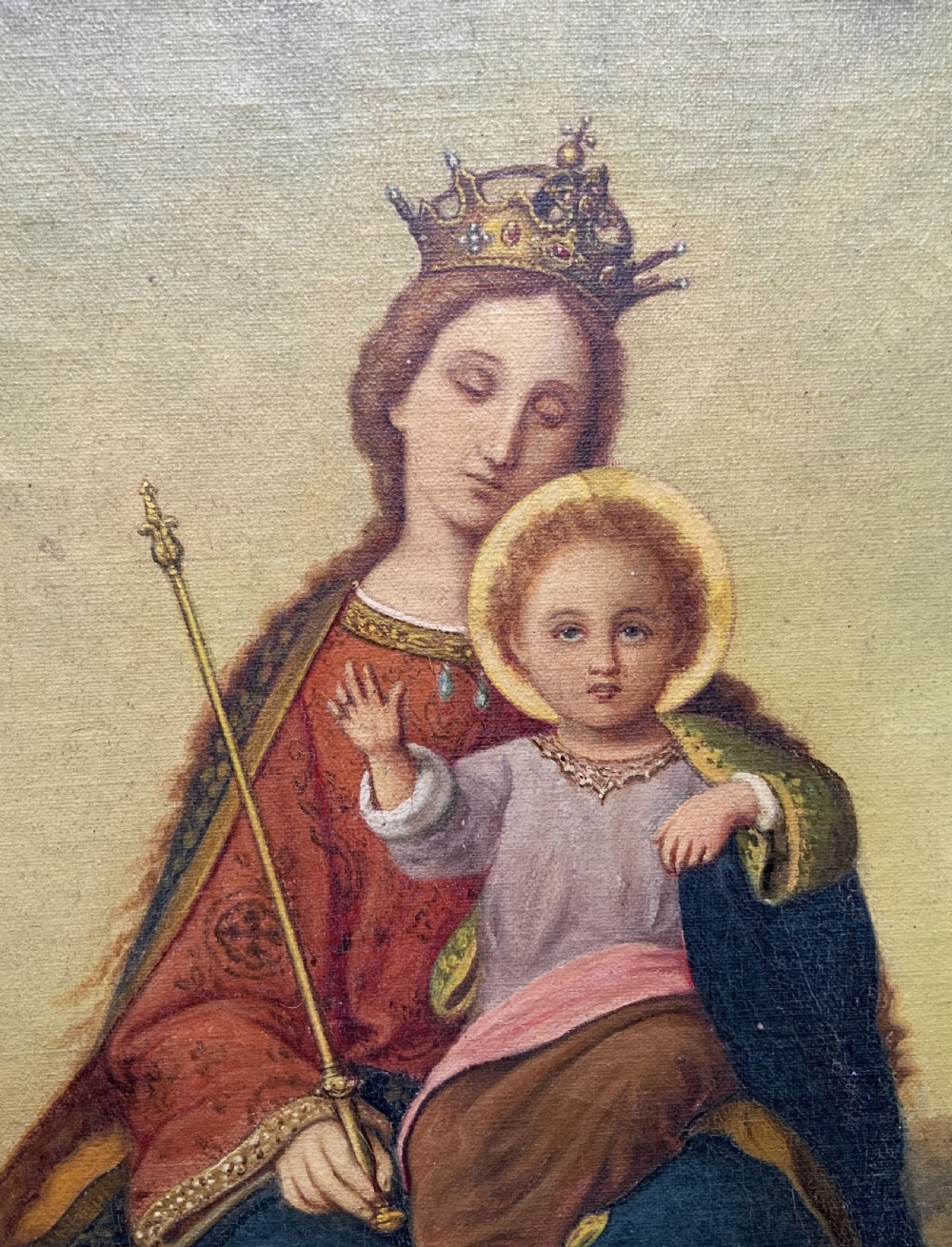 The Virgin Mary & Christ Child, Jesus. 19th Century Oil Portrait Painting View VII