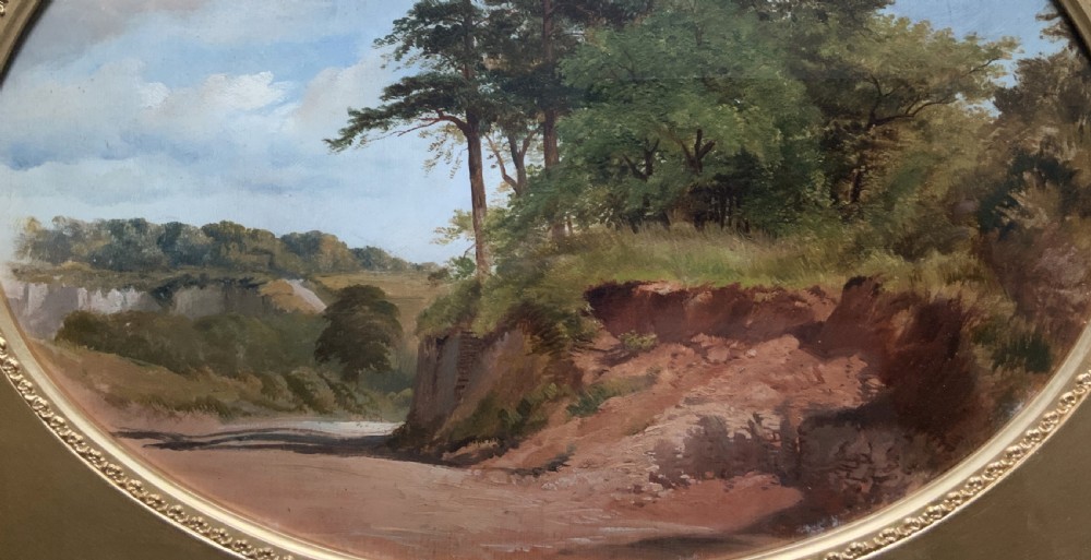 An oval 19th-century oil landscape painting depicting a wooded bank and open fields, set inside a rectangular gilded frame. View V