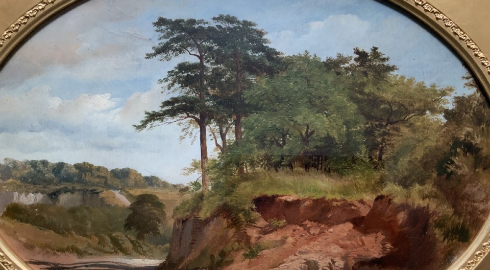 An oval 19th-century oil landscape painting depicting a wooded bank and open fields, set inside a rectangular gilded frame. View VI