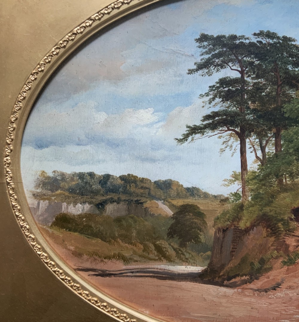 An oval 19th-century oil landscape painting depicting a wooded bank and open fields, set inside a rectangular gilded frame. View VII
