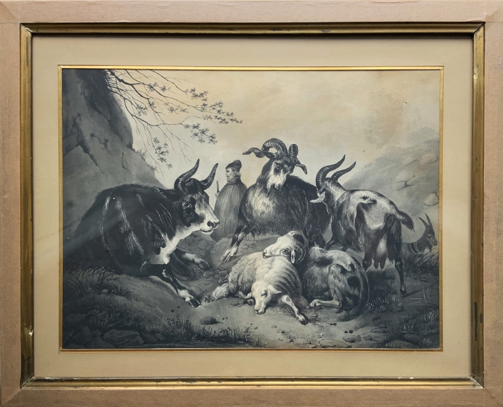 An early 19th-century monochrome pastoral artwork framed in gold, depicting a shepherd with cattle, goats, and sheep in a rocky landscape.