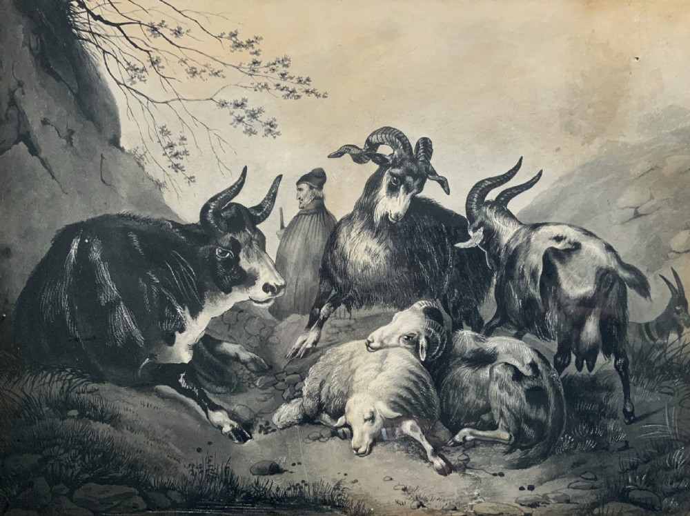An early 19th-century monochrome pastoral artwork framed in gold, depicting a shepherd with cattle, goats, and sheep in a rocky landscape. View II