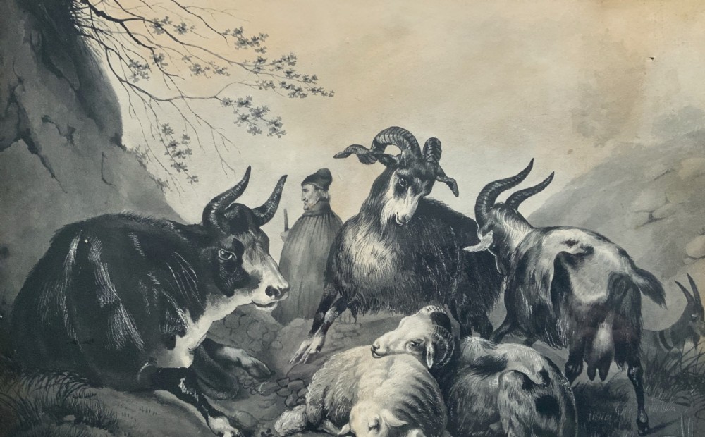 An early 19th-century monochrome pastoral artwork framed in gold, depicting a shepherd with cattle, goats, and sheep in a rocky landscape. View III