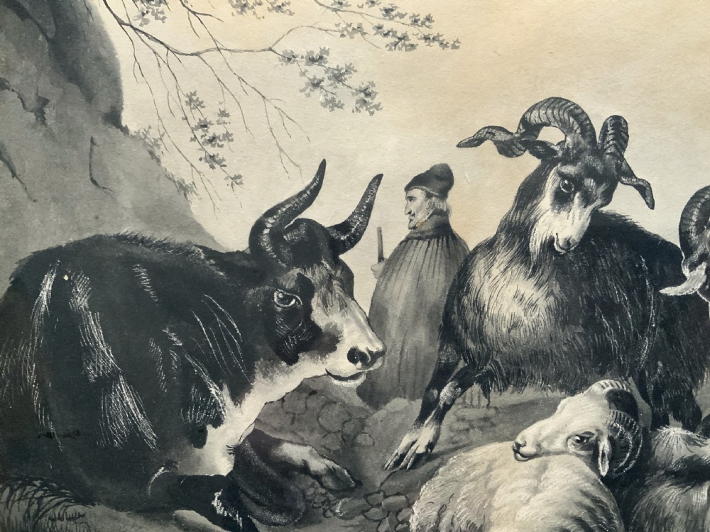 An early 19th-century monochrome pastoral artwork framed in gold, depicting a shepherd with cattle, goats, and sheep in a rocky landscape. View IV