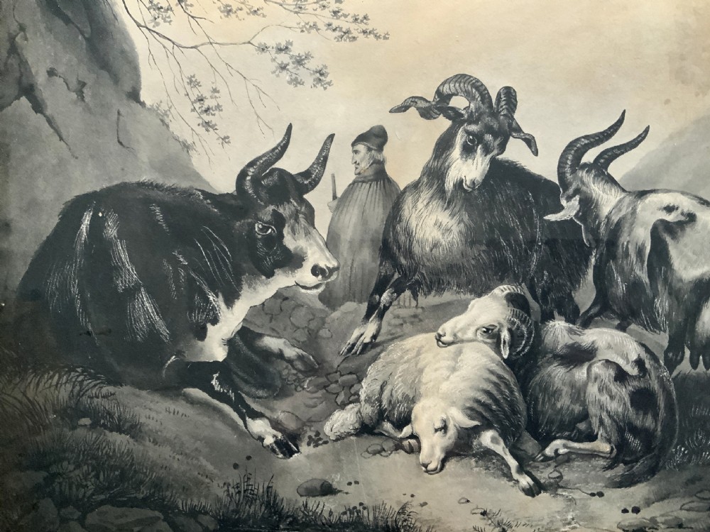An early 19th-century monochrome pastoral artwork framed in gold, depicting a shepherd with cattle, goats, and sheep in a rocky landscape. View VI