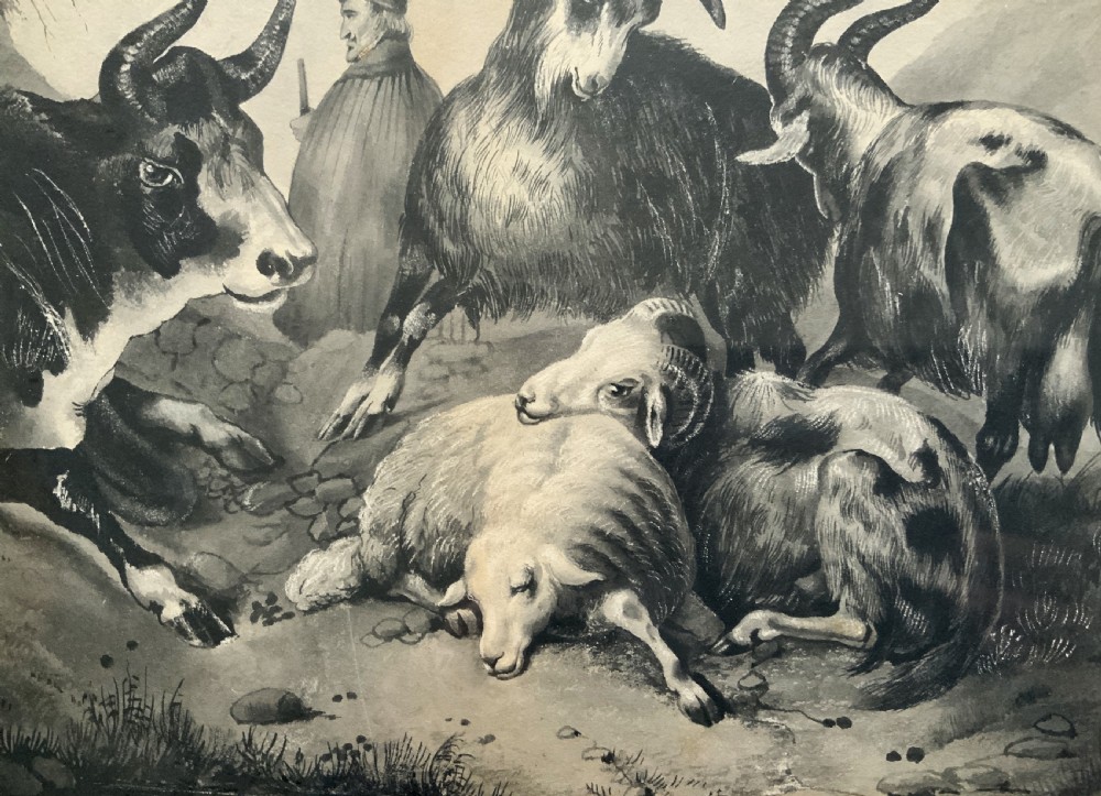 An early 19th-century monochrome pastoral artwork framed in gold, depicting a shepherd with cattle, goats, and sheep in a rocky landscape. View VII