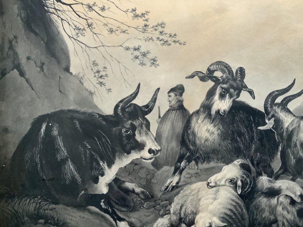 An early 19th-century monochrome pastoral artwork framed in gold, depicting a shepherd with cattle, goats, and sheep in a rocky landscape. View VIII
