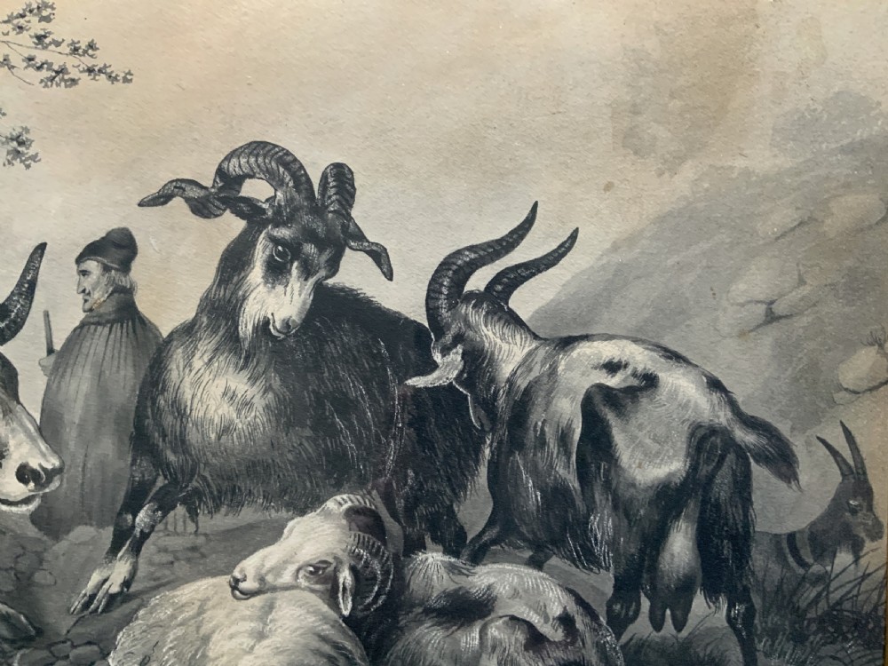 An early 19th-century monochrome pastoral artwork framed in gold, depicting a shepherd with cattle, goats, and sheep in a rocky landscape. View IX