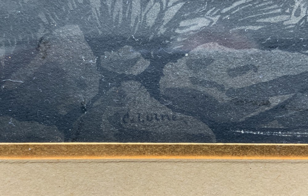 An early 19th-century monochrome pastoral artwork framed in gold, depicting a shepherd with cattle, goats, and sheep in a rocky landscape. View XI