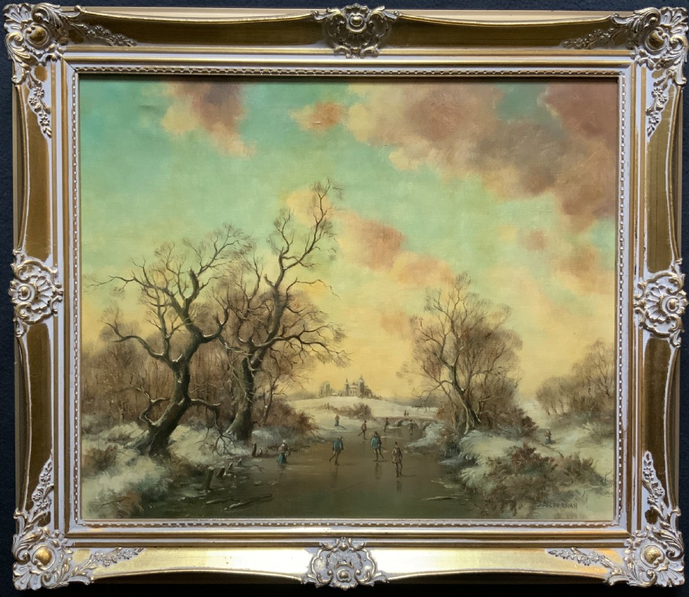 Superb Mid-Century Dutch Frozen Lake Winter Landscape Oil Painting circa 1960