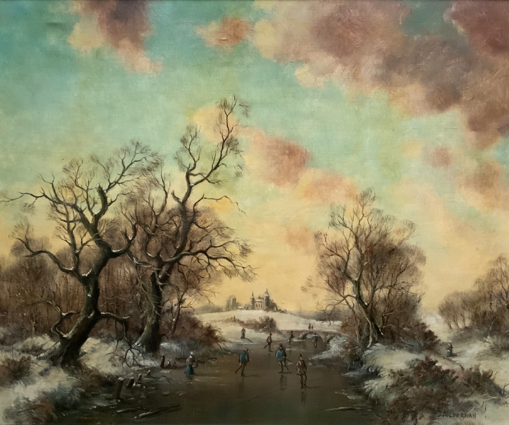 Superb Mid-Century Dutch Frozen Lake Winter Landscape Oil Painting circa 1960 View II