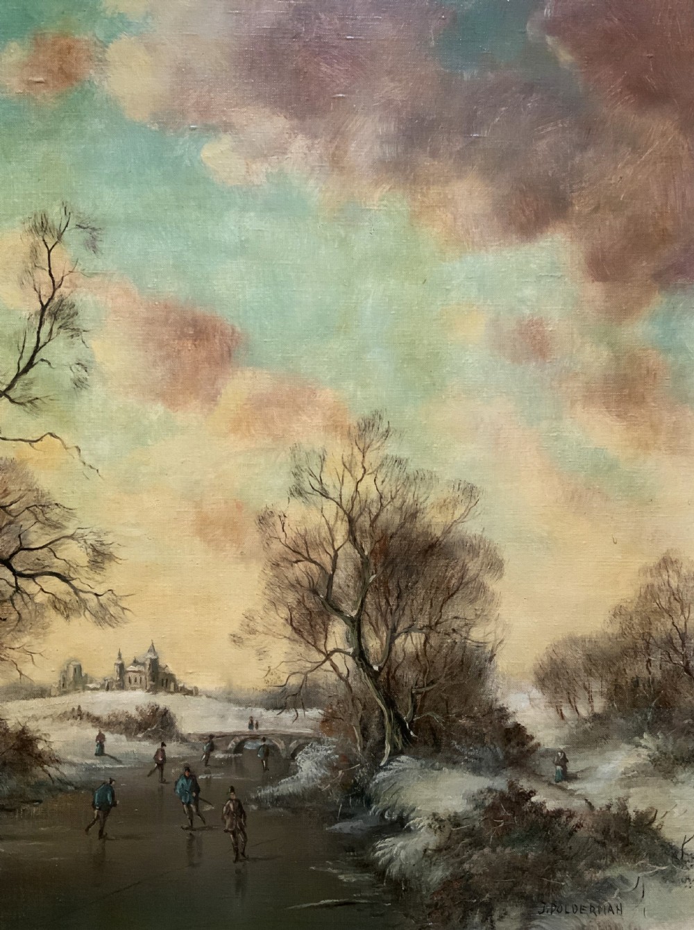 Superb Mid-Century Dutch Frozen Lake Winter Landscape Oil Painting circa 1960 View IV