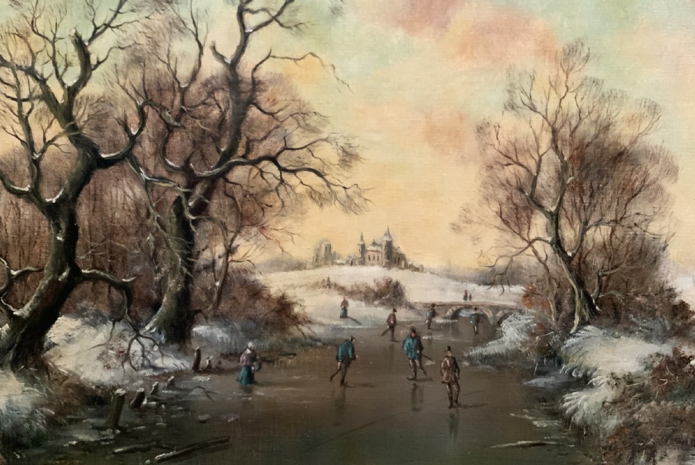 Superb Mid-Century Dutch Frozen Lake Winter Landscape Oil Painting circa 1960 View V
