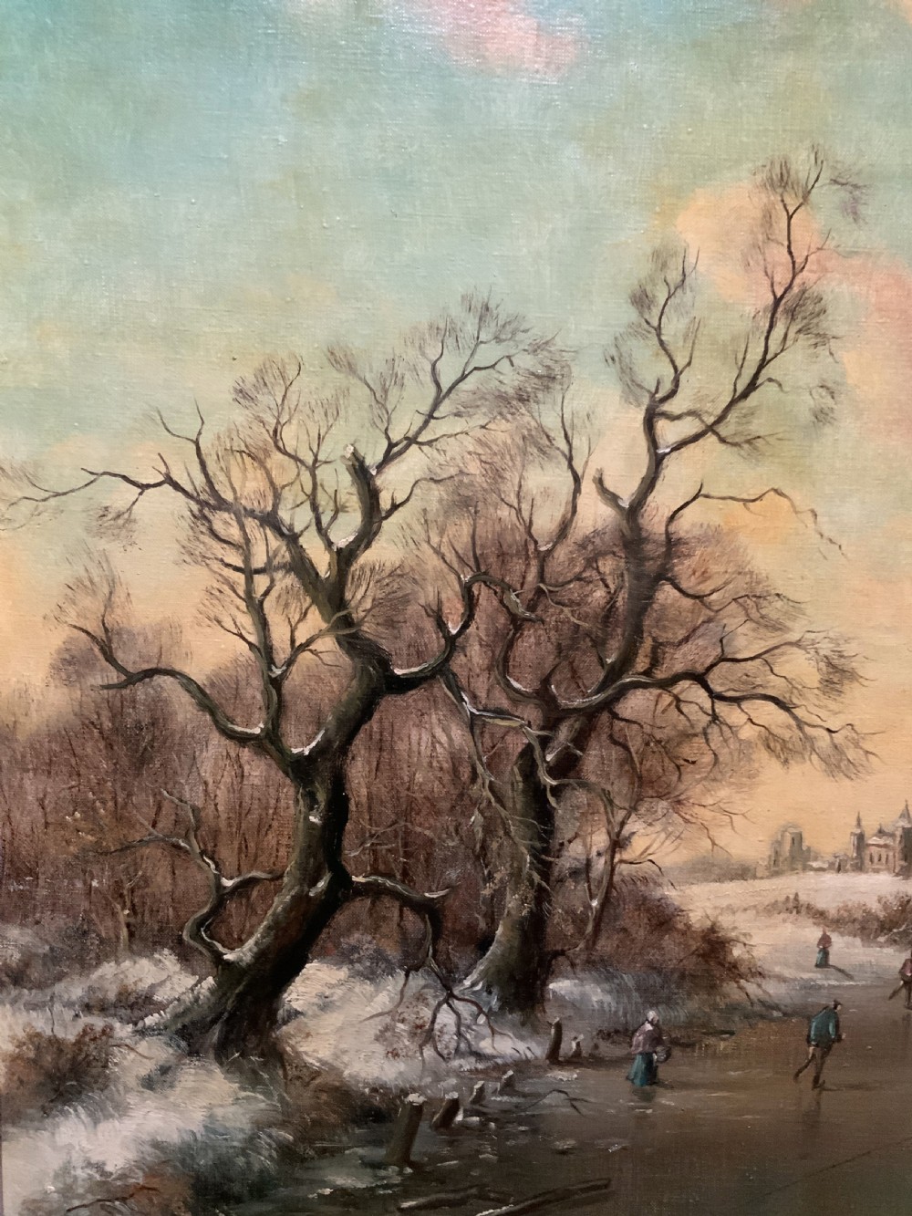 Superb Mid-Century Dutch Frozen Lake Winter Landscape Oil Painting circa 1960 View VI