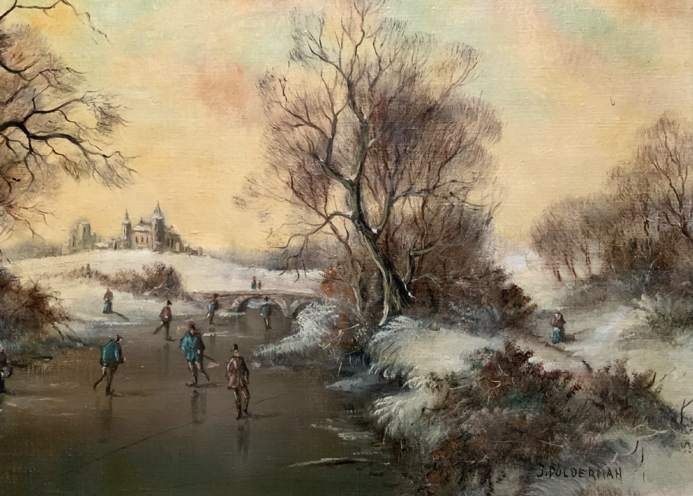 Superb Mid-Century Dutch Frozen Lake Winter Landscape Oil Painting circa 1960 View VIII
