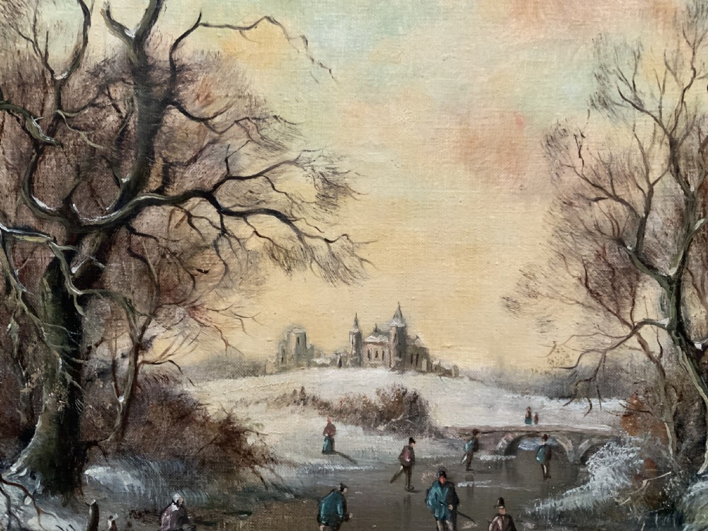Superb Mid-Century Dutch Frozen Lake Winter Landscape Oil Painting circa 1960 View IX