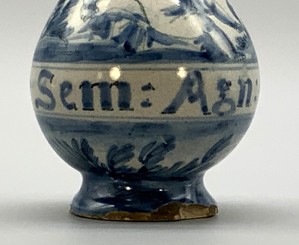 Pair of 17th-century Italian Savona majolica apothecary bottles with cobalt blue hand-painted putti and Latin inscriptions over a tin-glazed ground. View XI