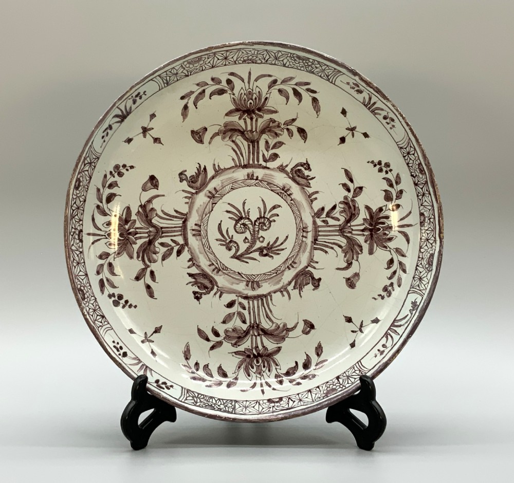 Beautiful 18th-Century Dutch Delft Manganese Floral & Duck Painted Charger Plate